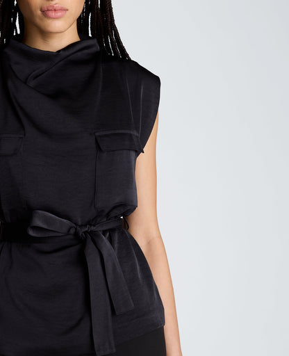 High Cowl Neck Belted Blouse with Chest Pockets