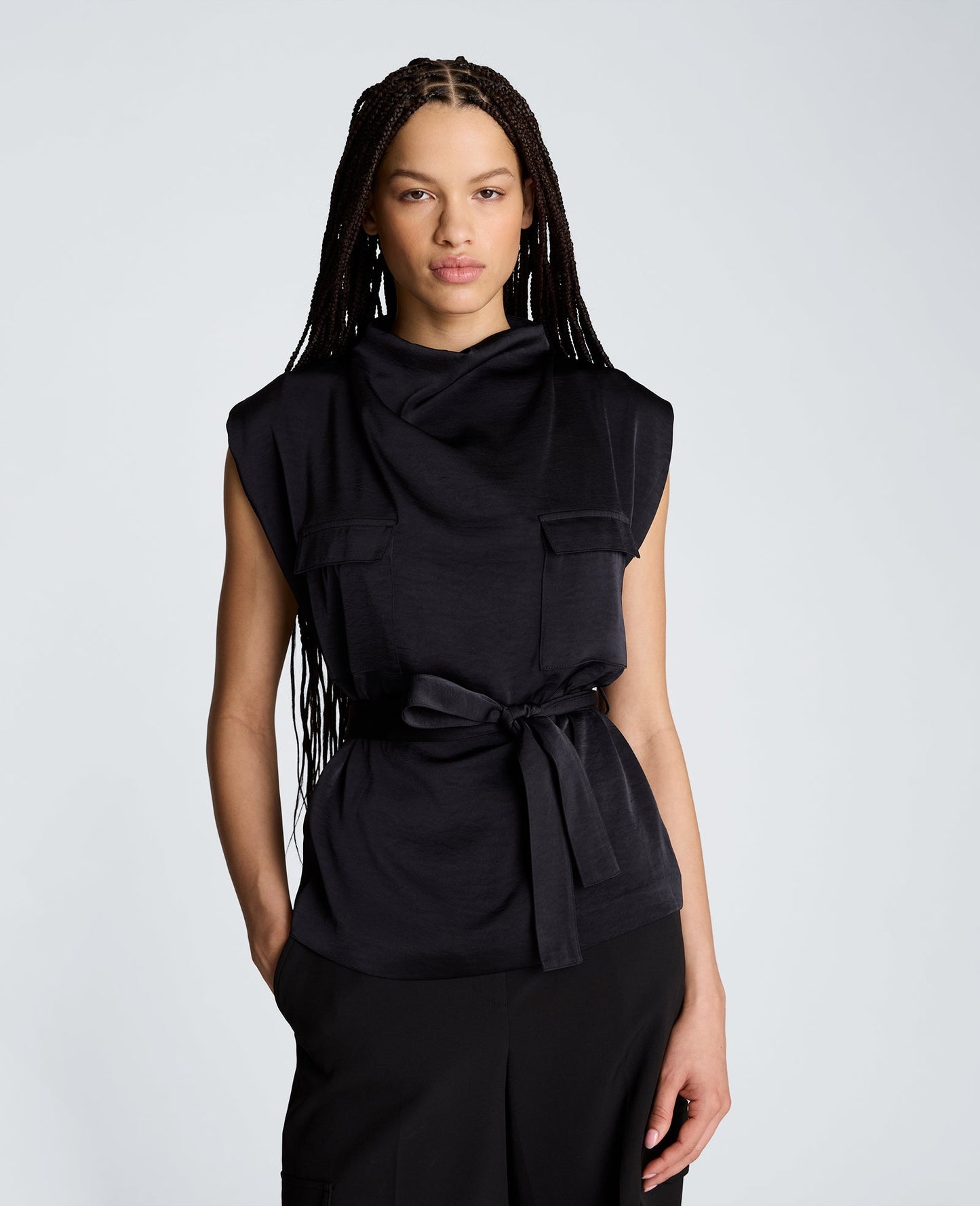 High Cowl Neck Belted Blouse with Chest Pockets
