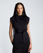 High Cowl Neck Belted Blouse with Chest Pockets