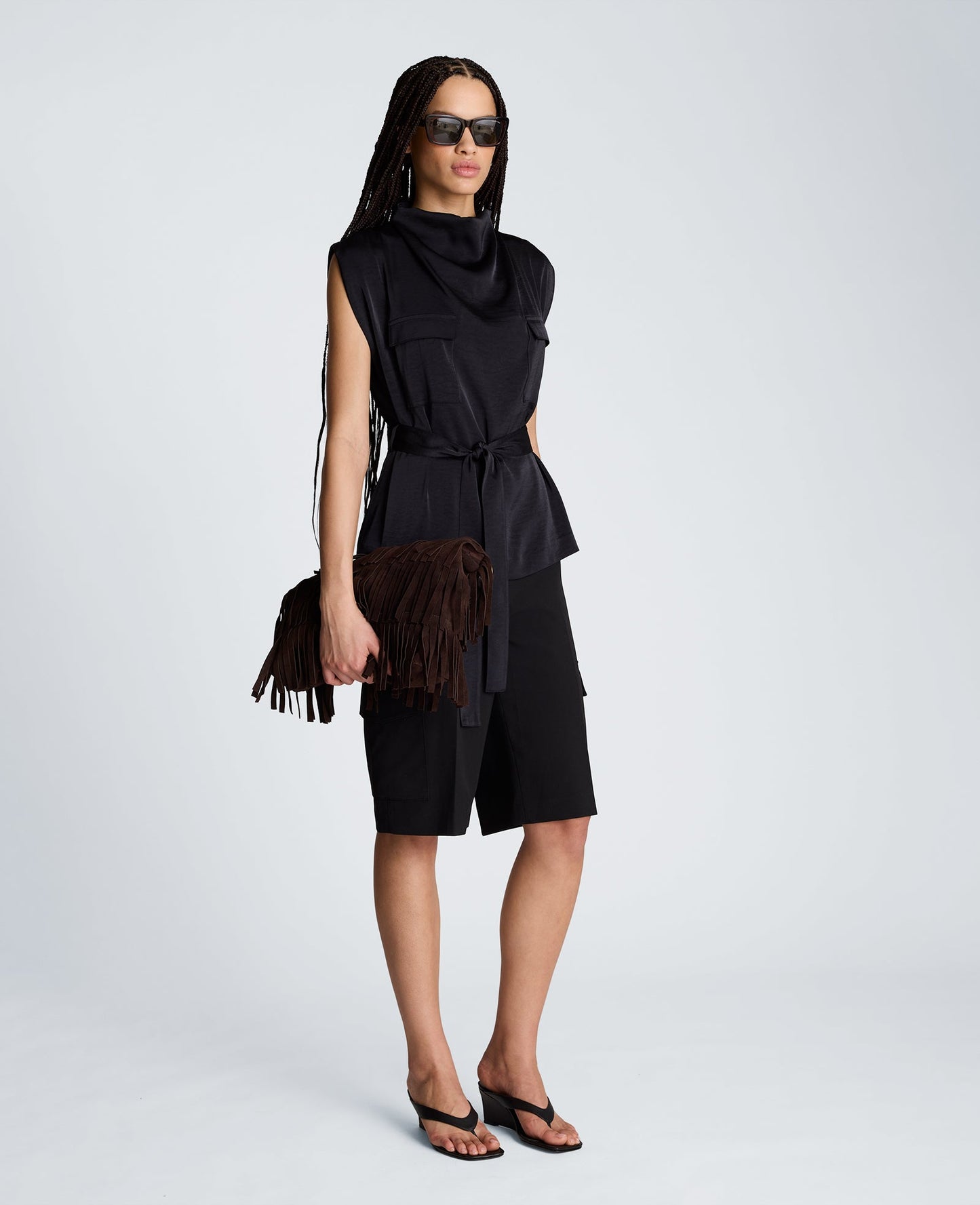 High Cowl Neck Belted Blouse with Chest Pockets