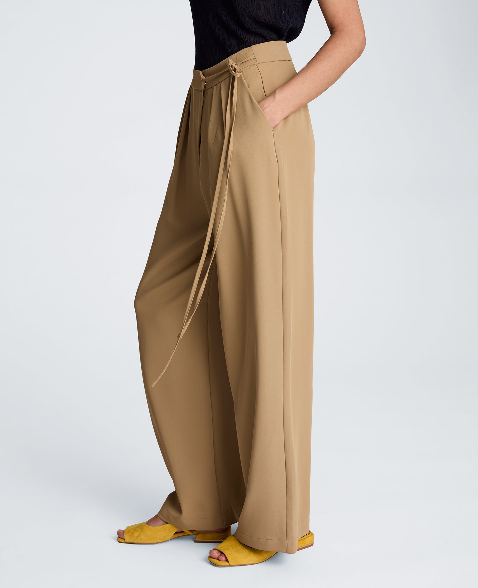 High Rise Fly Front Wide Leg Asymmetrical Double Pleat Pant