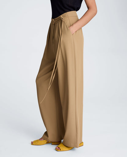 High Rise Fly Front Wide Leg Asymmetrical Double Pleat Pant