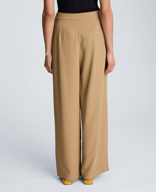 High Rise Fly Front Wide Leg Asymmetrical Double Pleat Pant