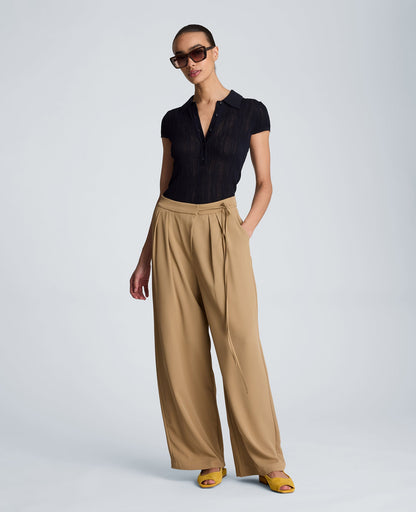 High Rise Fly Front Wide Leg Asymmetrical Double Pleat Pant