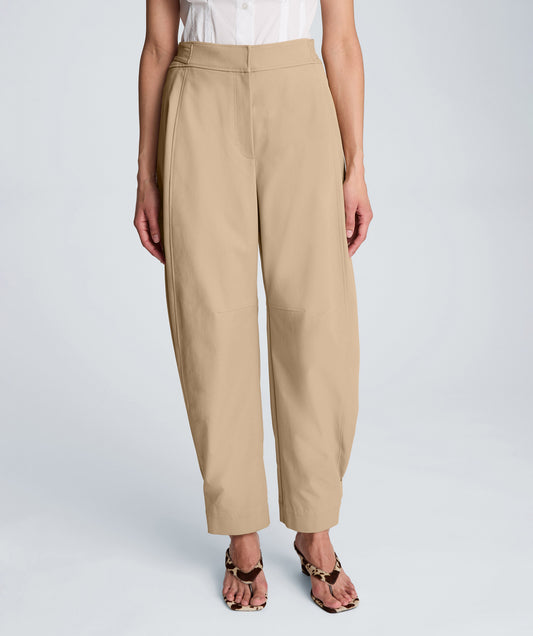 High Rise Fly Front Barrel Leg Pant