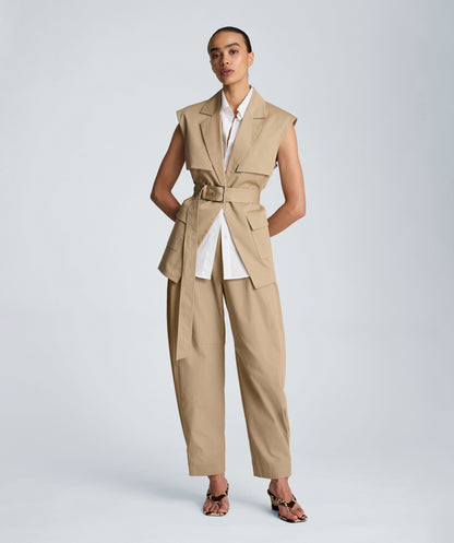 High Rise Fly Front Barrel Leg Pant