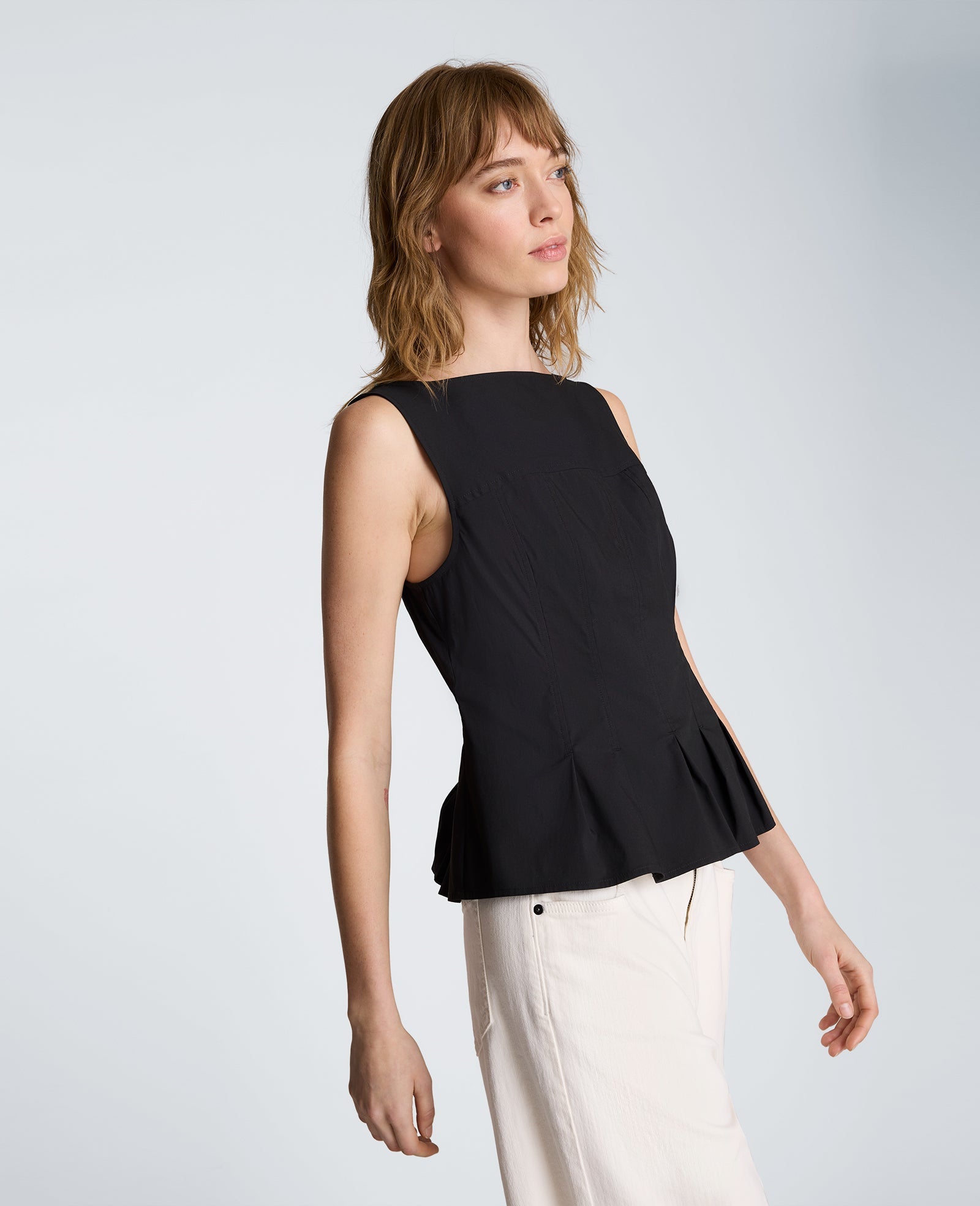 Sleeveless Panel Body Top with Peplum Pleat Hem