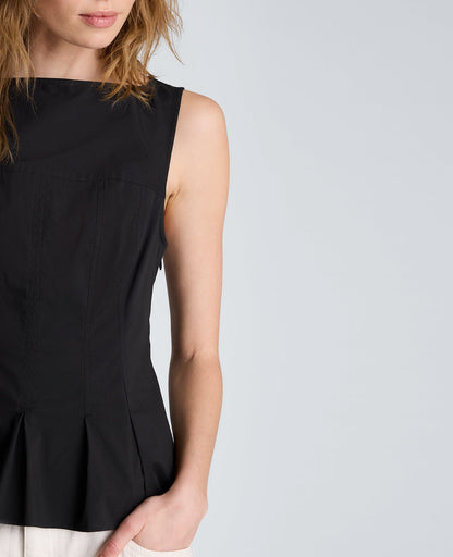Sleeveless Panel Body Top with Peplum Pleat Hem