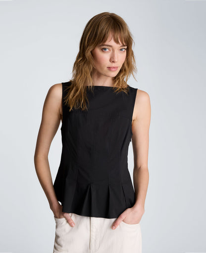Sleeveless Panel Body Top with Peplum Pleat Hem