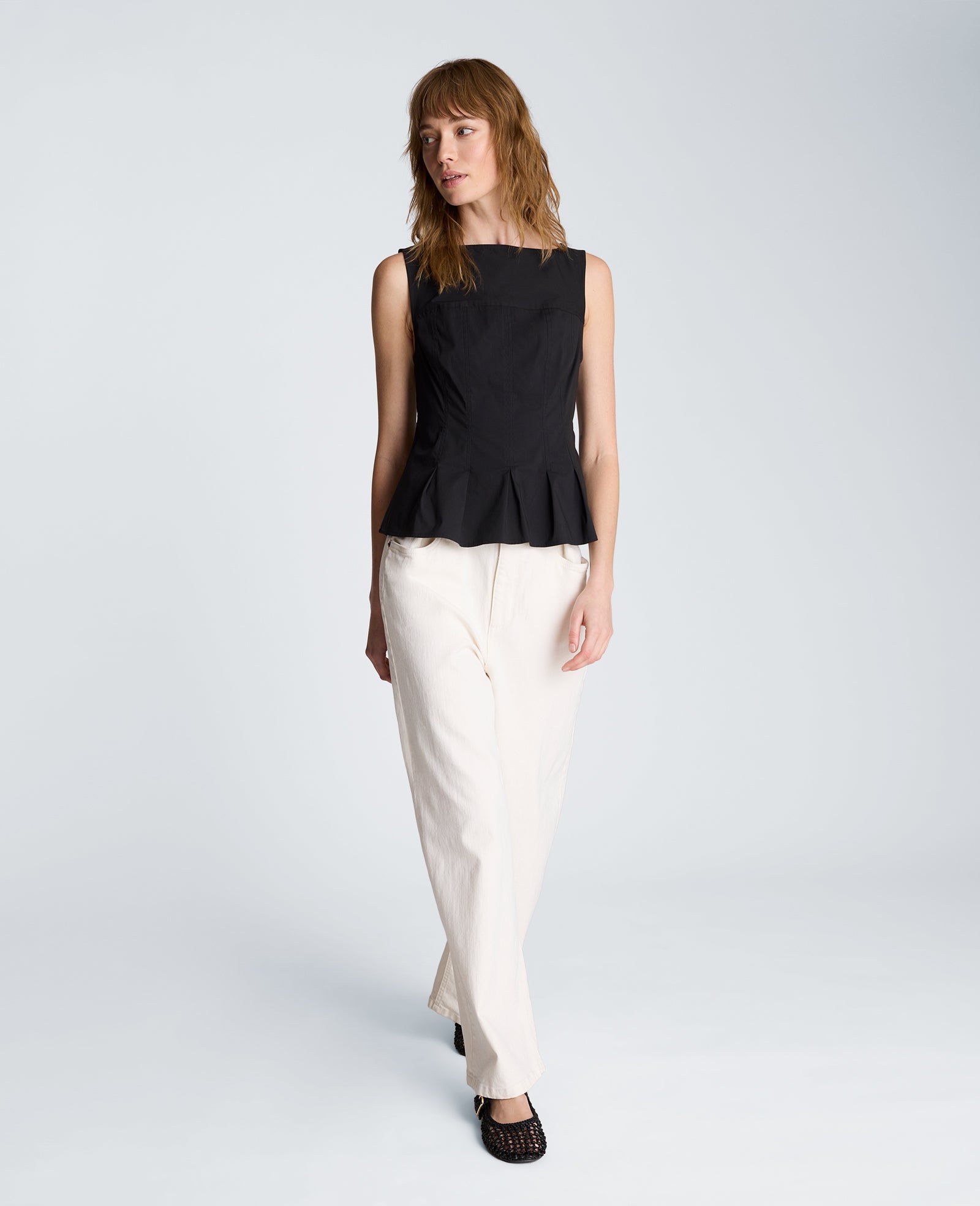 Sleeveless Panel Body Top with Peplum Pleat Hem