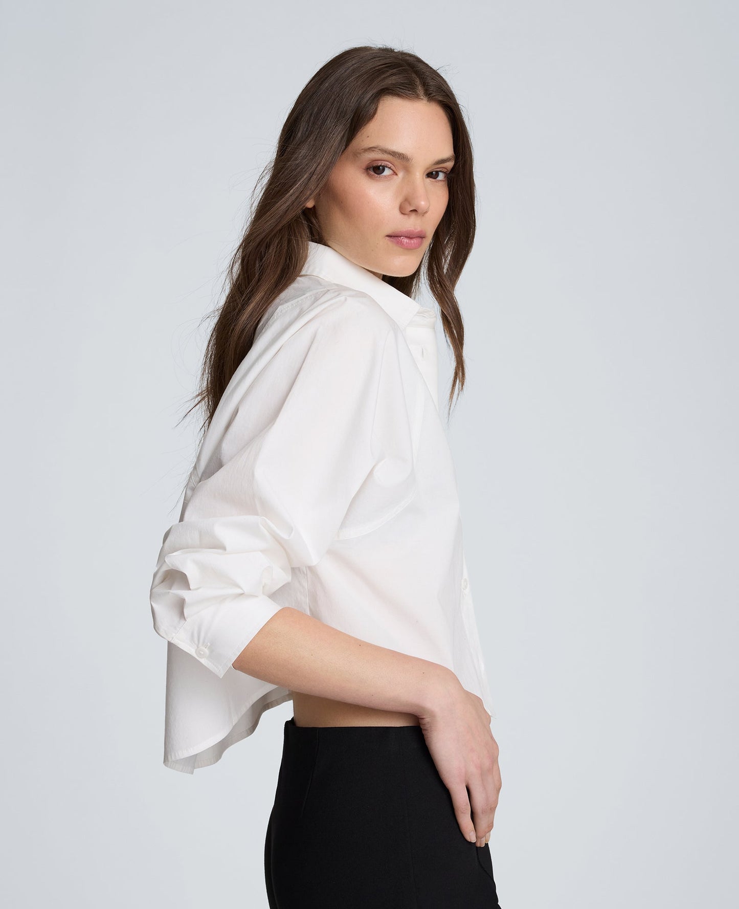 Exaggerated Armhole Cropped Long Sleeve Button Front Shirt