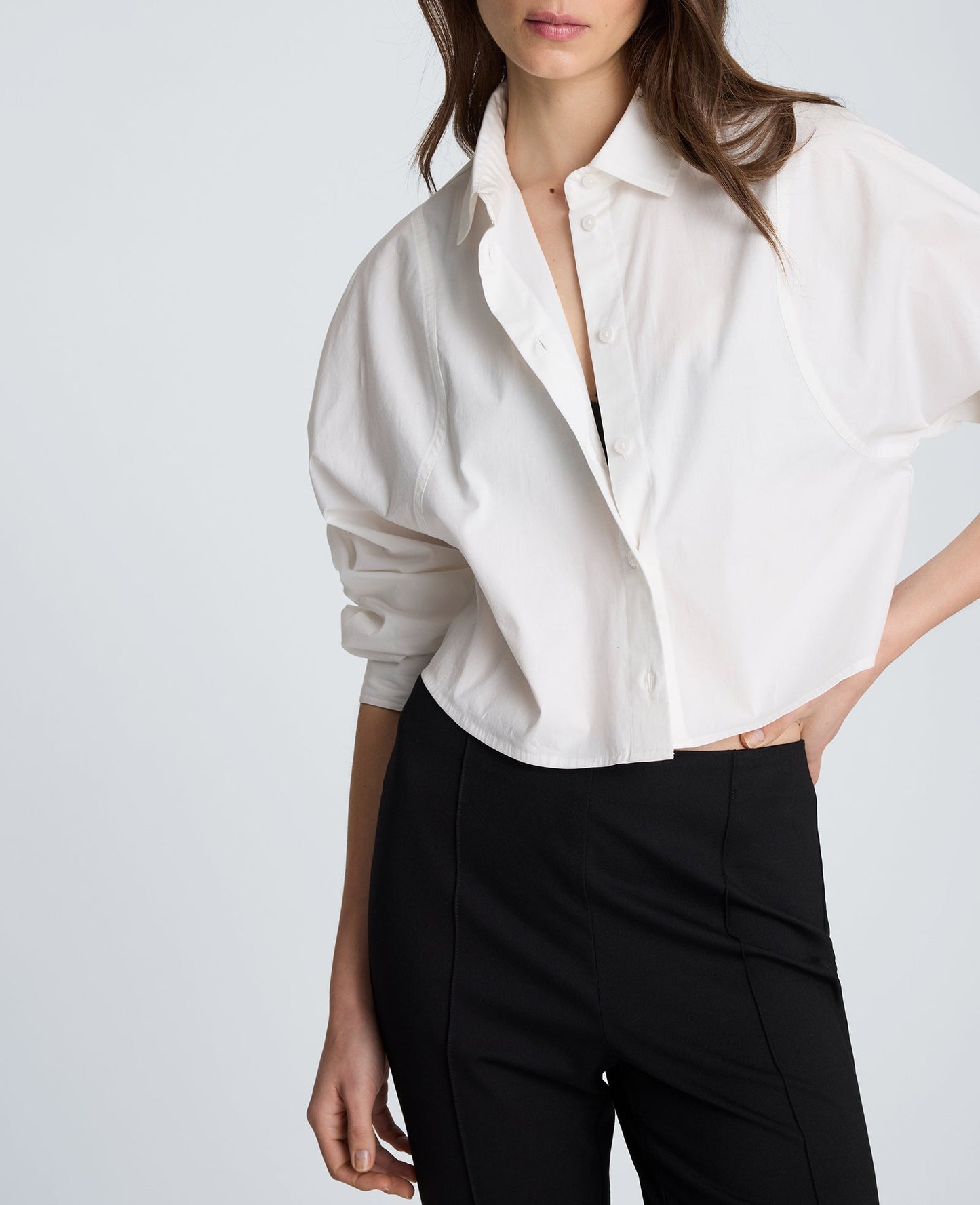 Exaggerated Armhole Cropped Long Sleeve Button Front Shirt