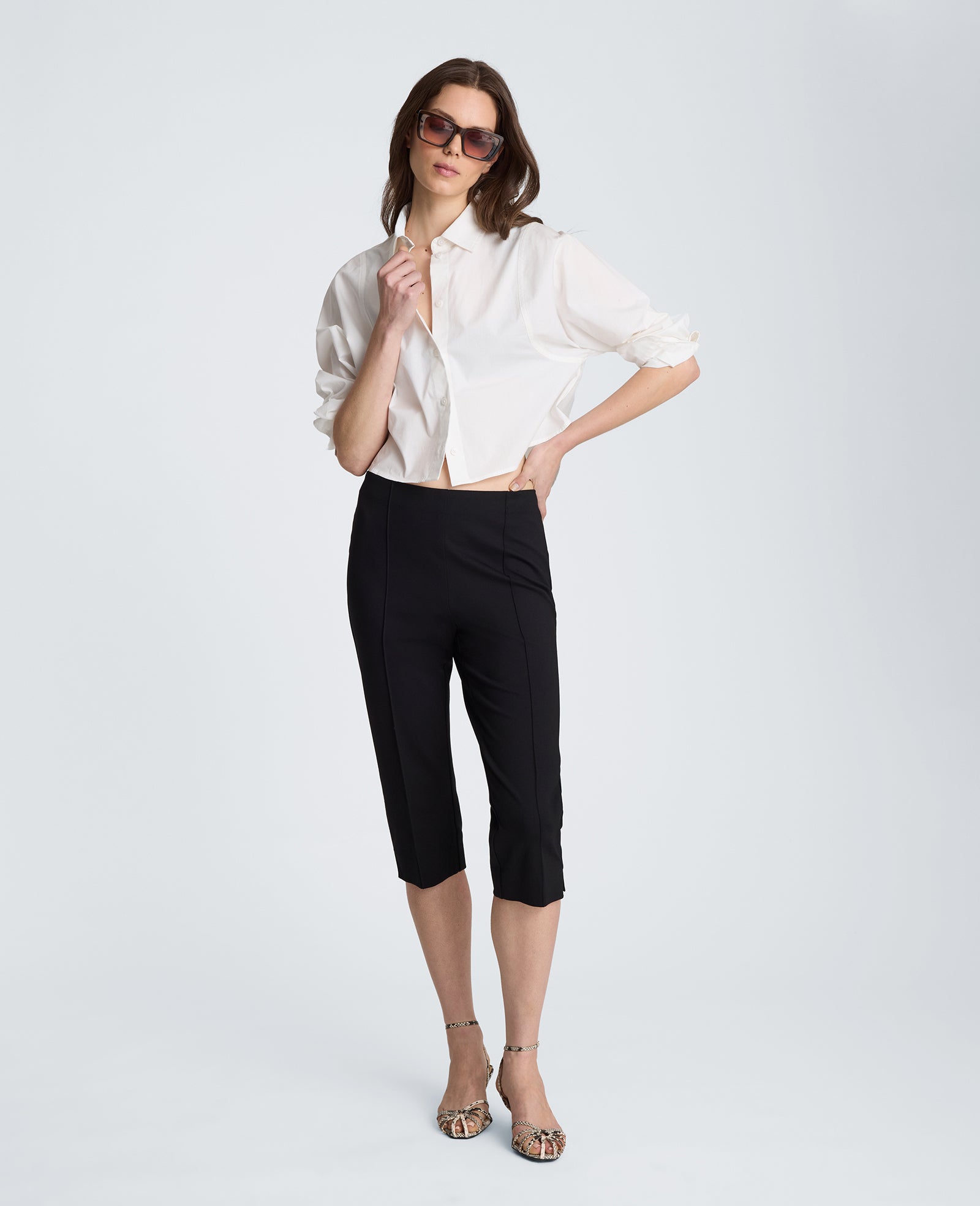 Exaggerated Armhole Cropped Long Sleeve Button Front Shirt