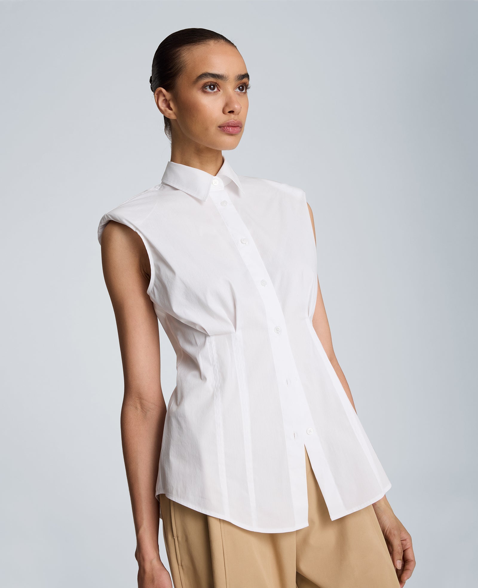 Fitted Pleat Body Sleeveless Button Front Shirt