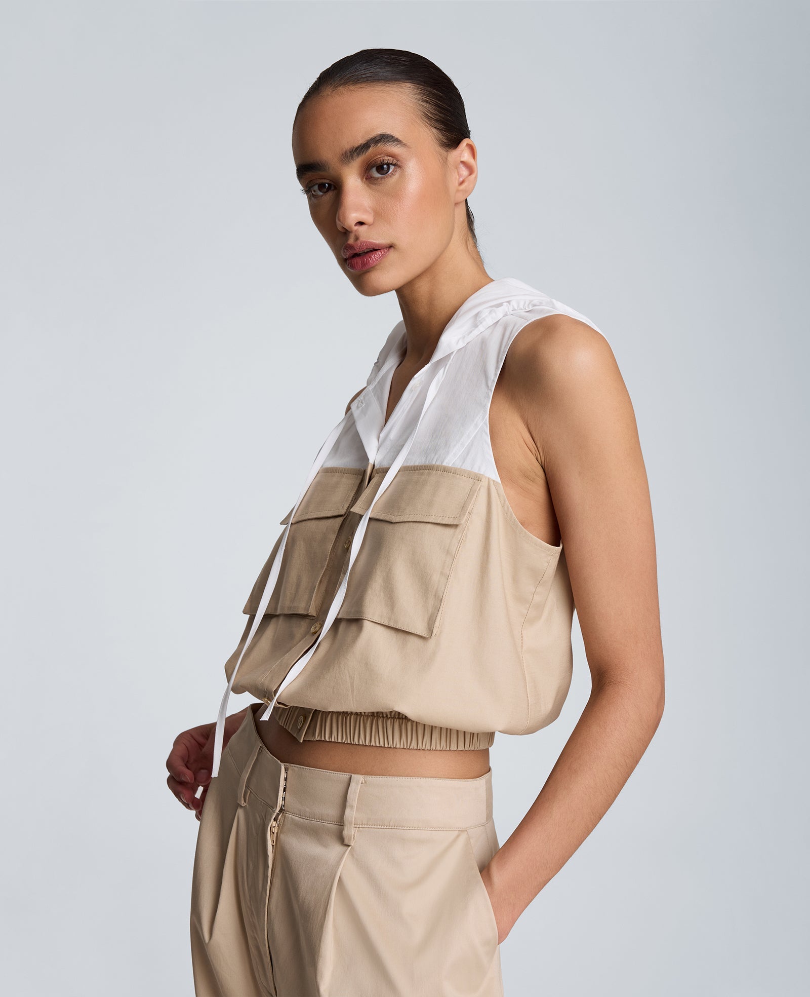 Hooded Sleeveless Button Front Top with Bubble Body