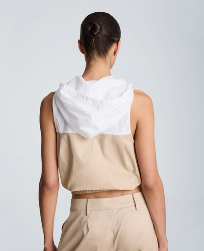 Hooded Sleeveless Button Front Top with Bubble Body