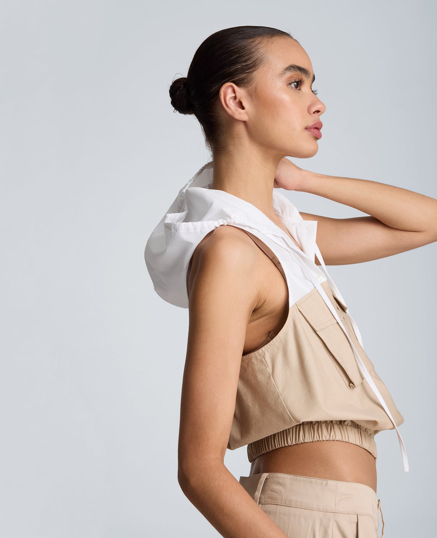 Hooded Sleeveless Button Front Top with Bubble Body