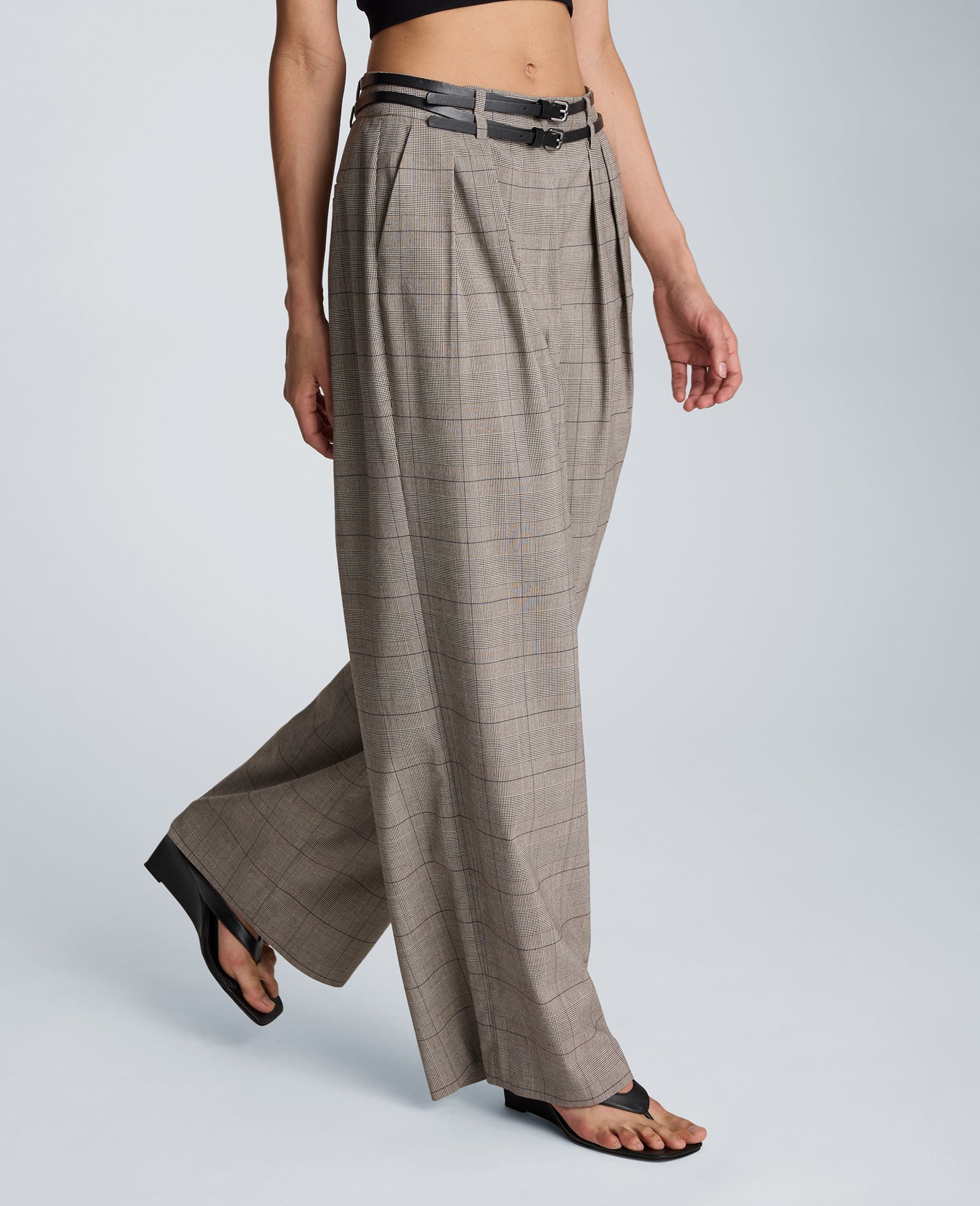 High Rise Fly Front Wide Leg Double Belted Pleat Pant