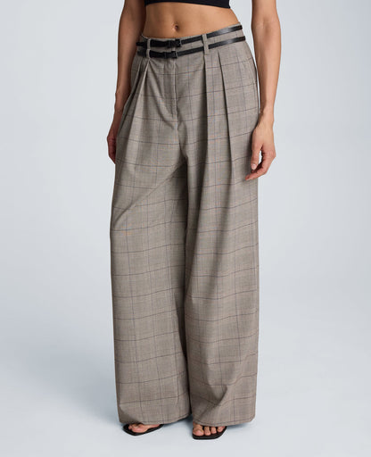 High Rise Fly Front Wide Leg Double Belted Pleat Pant