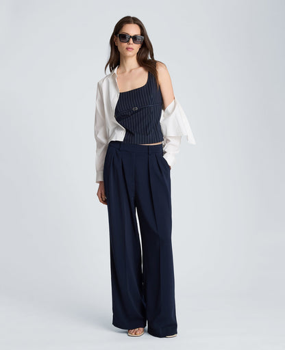 High Rise Fly Front Wide Leg Double Pleat Pant