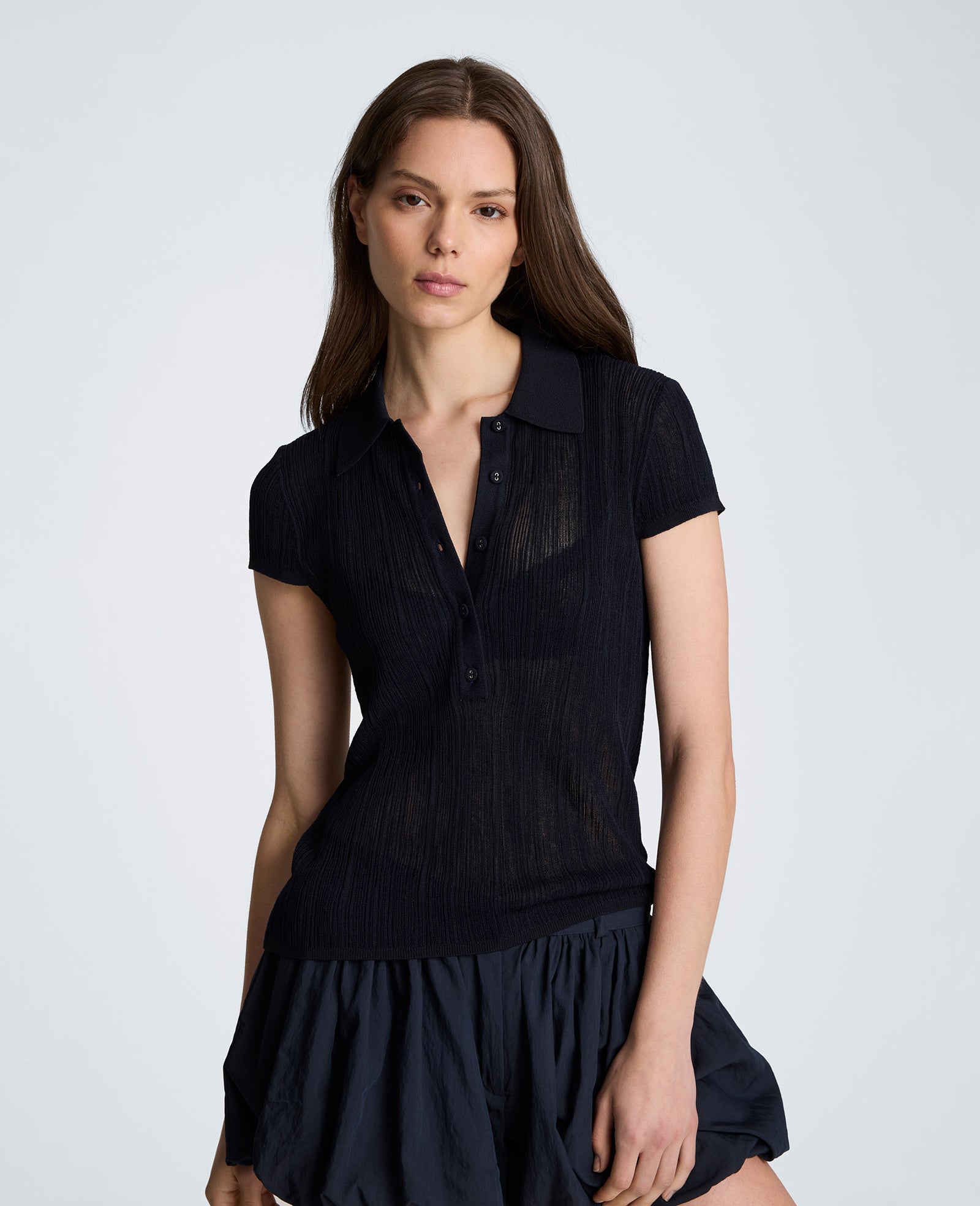 Polo Cap Sleeve Varigated Rib Sweater