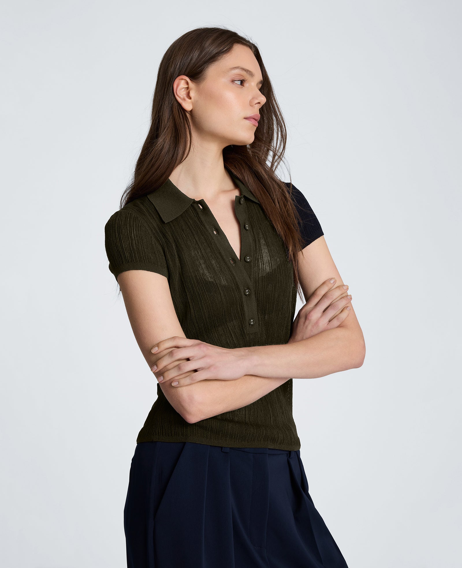Polo Cap Sleeve Varigated Rib Sweater