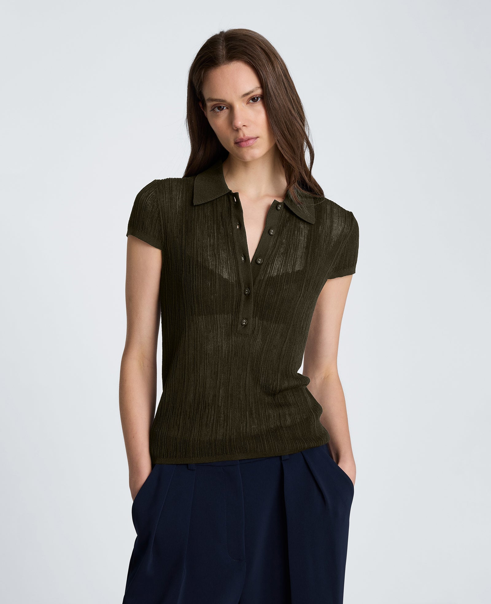 Polo Cap Sleeve Varigated Rib Sweater