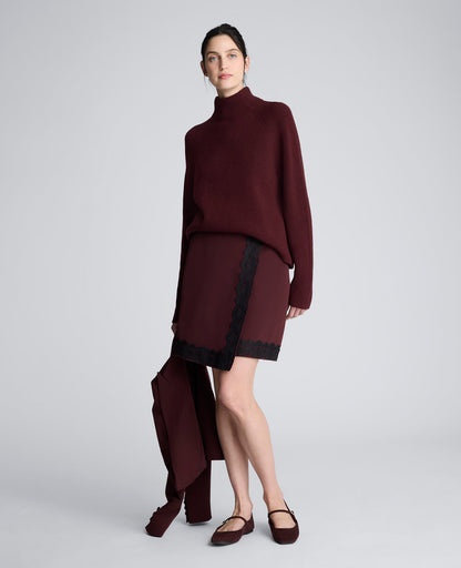 Luxe Twill Faux Wrap Mini Skirt With Lace Trim