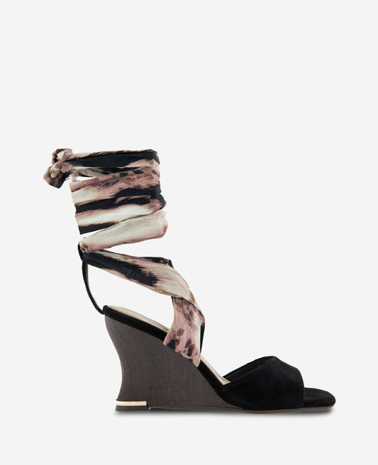 Fabia Printed Fabric Wrap Around Suede & Raffia Wedge