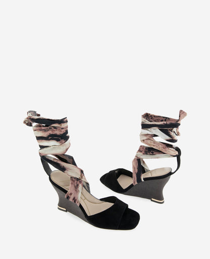 Fabia Printed Fabric Wrap Around Suede & Raffia Wedge