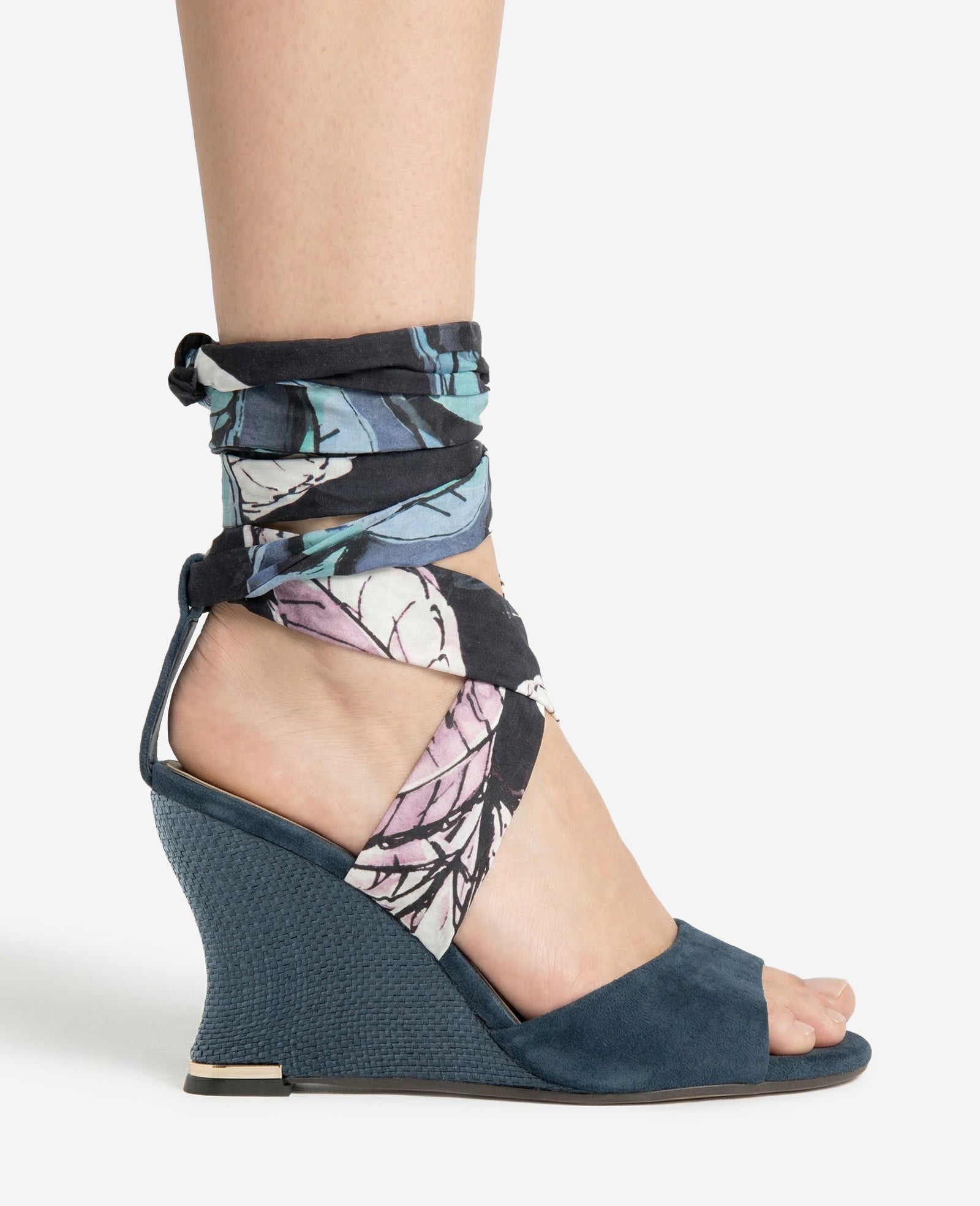 Fabia Printed Fabric Wrap Around Suede & Raffia Wedge