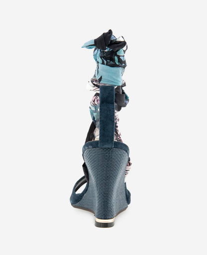 Fabia Printed Fabric Wrap Around Suede & Raffia Wedge