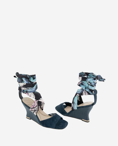 Fabia Printed Fabric Wrap Around Suede & Raffia Wedge