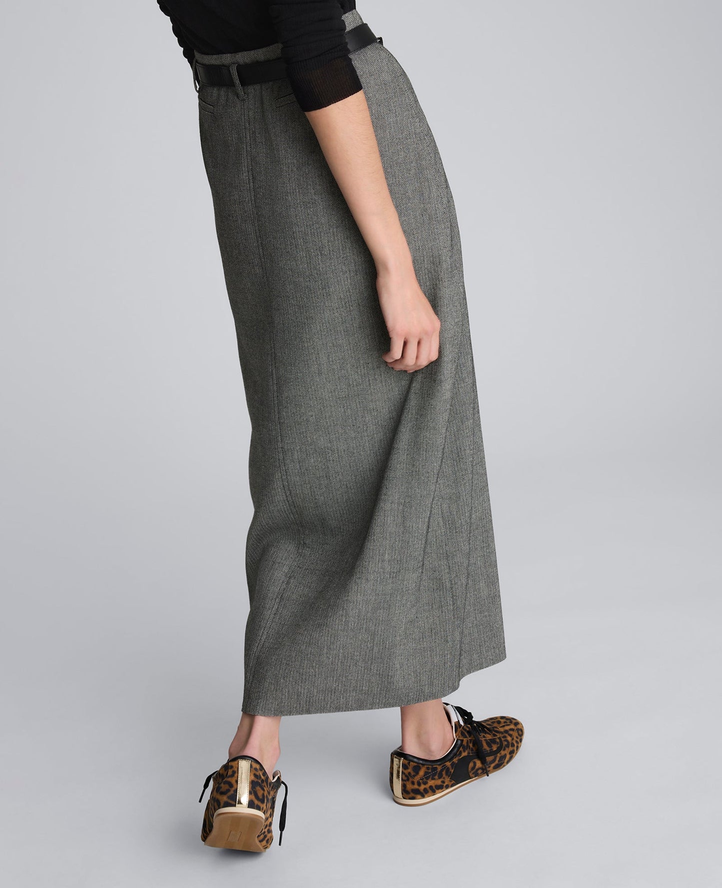 Herringbone Slit Front Belted Midi Skirt