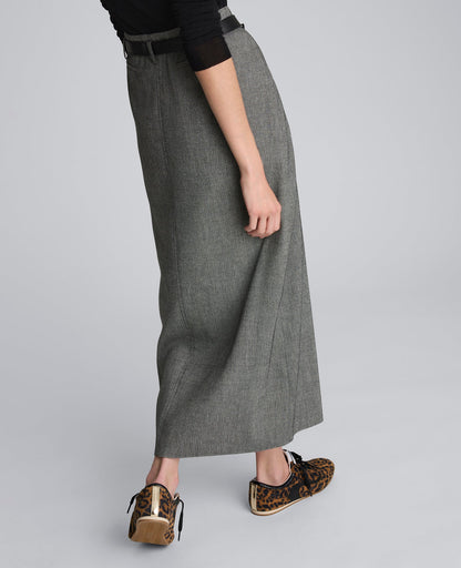 Herringbone Slit Front Belted Midi Skirt