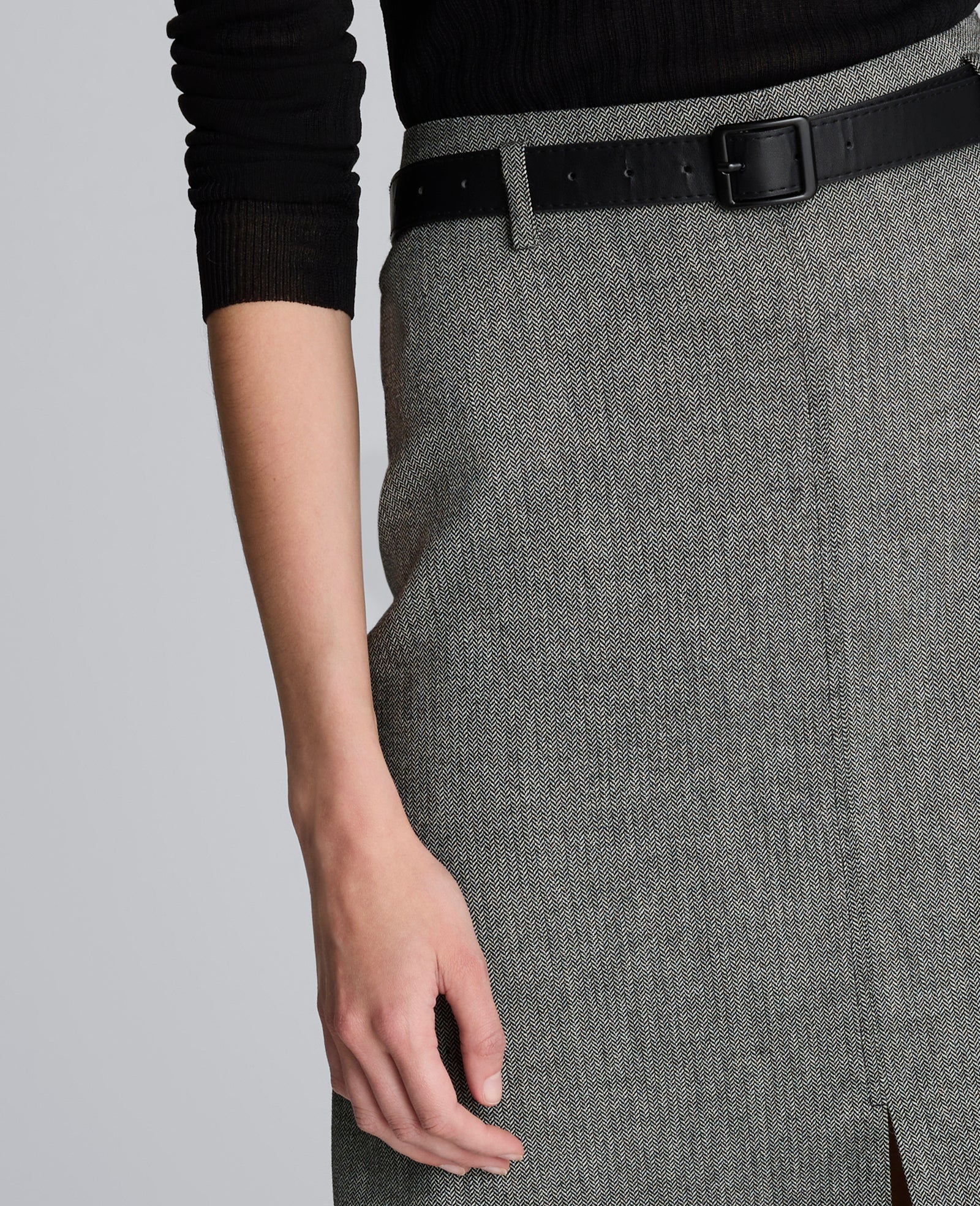 Herringbone Slit Front Belted Midi Skirt