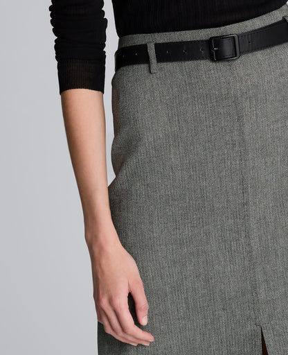 Herringbone Slit Front Belted Midi Skirt
