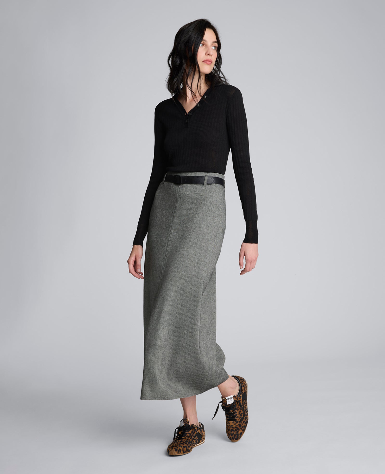 Herringbone Slit Front Belted Midi Skirt