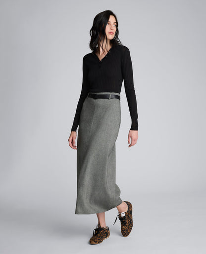 Herringbone Slit Front Belted Midi Skirt
