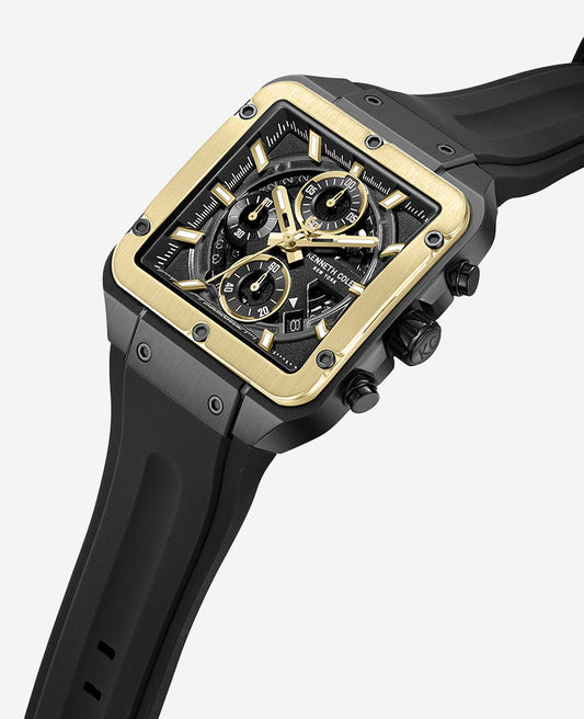 Skeleton Automatic Gold Tone Bezel Black Silicone Strap Watch