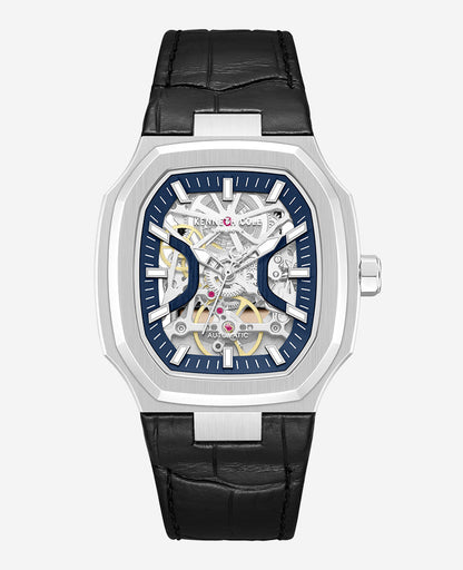 Skeleton Automatic Two-Tone Dial Leather Strap Watch