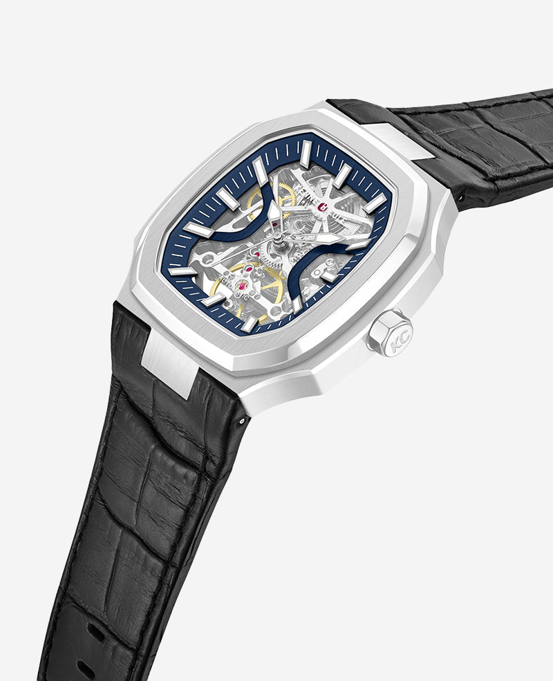 Skeleton Automatic Two-Tone Dial Leather Strap Watch