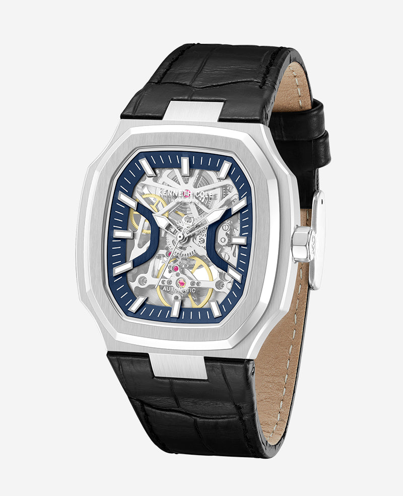 Skeleton Automatic Two-Tone Dial Leather Strap Watch