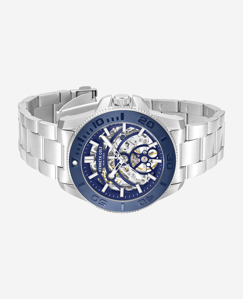 Skeleton Automatic Blue Contrast Dial Bracelet Watch