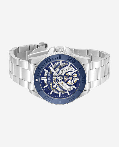 Skeleton Automatic Blue Contrast Dial Bracelet Watch