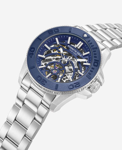 Skeleton Automatic Blue Contrast Dial Bracelet Watch