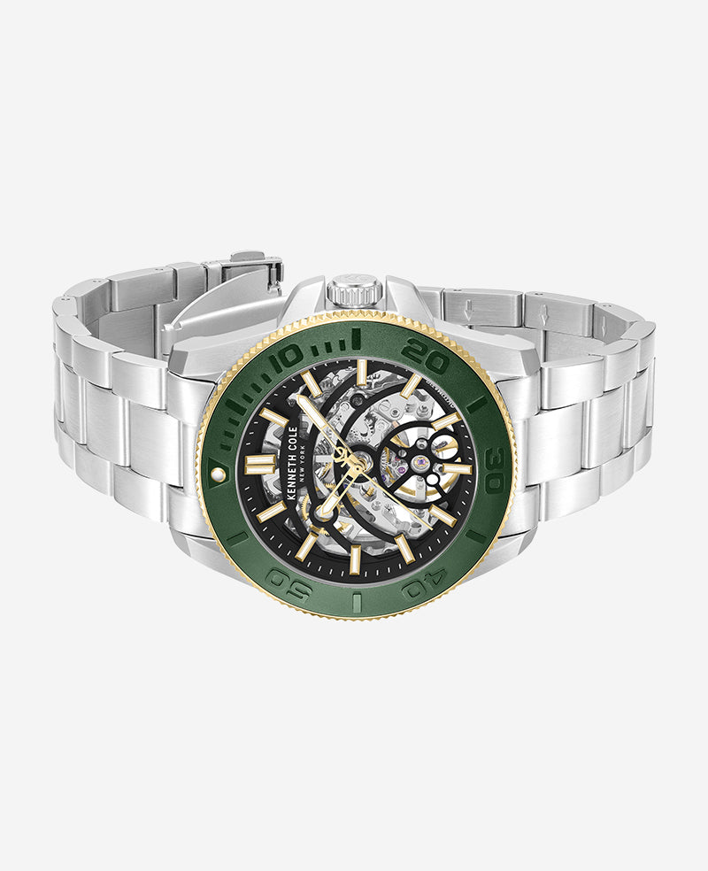 Skeleton Automatic Green Contrast Dial Bracelet Watch