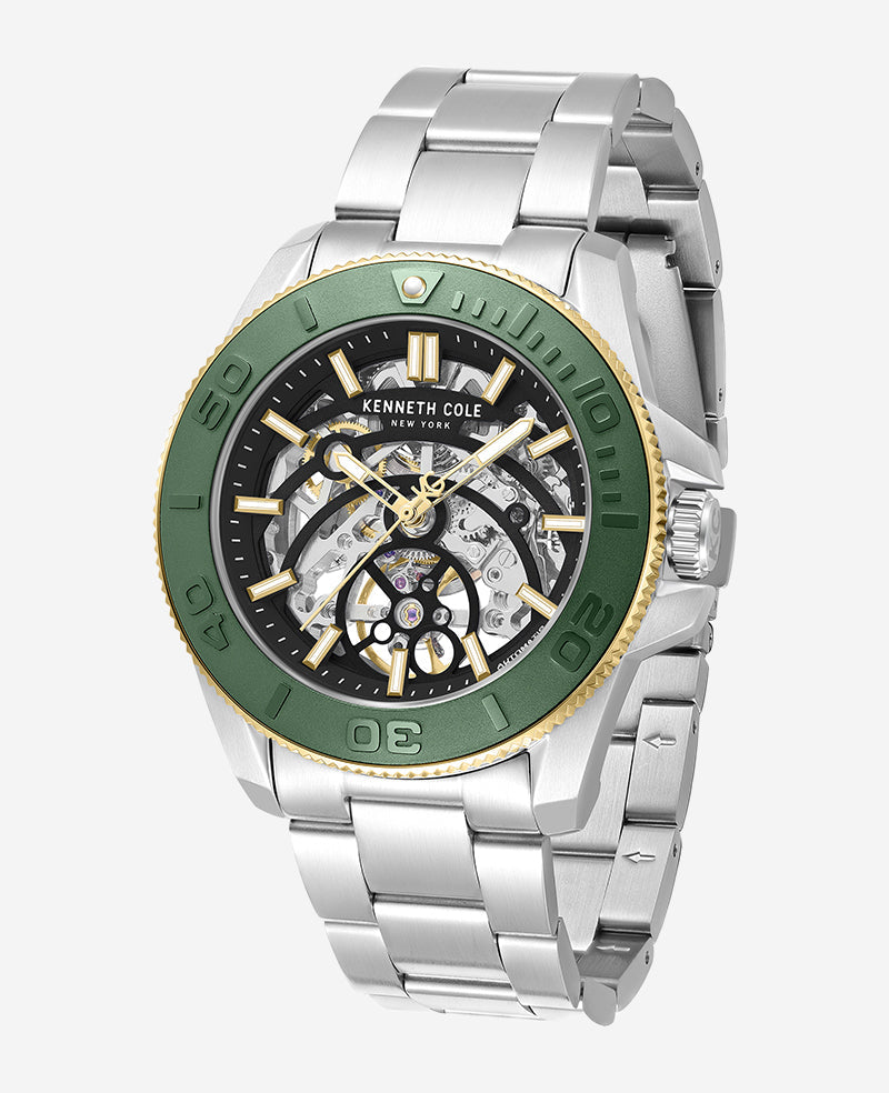 Skeleton Automatic Green Contrast Dial Bracelet Watch