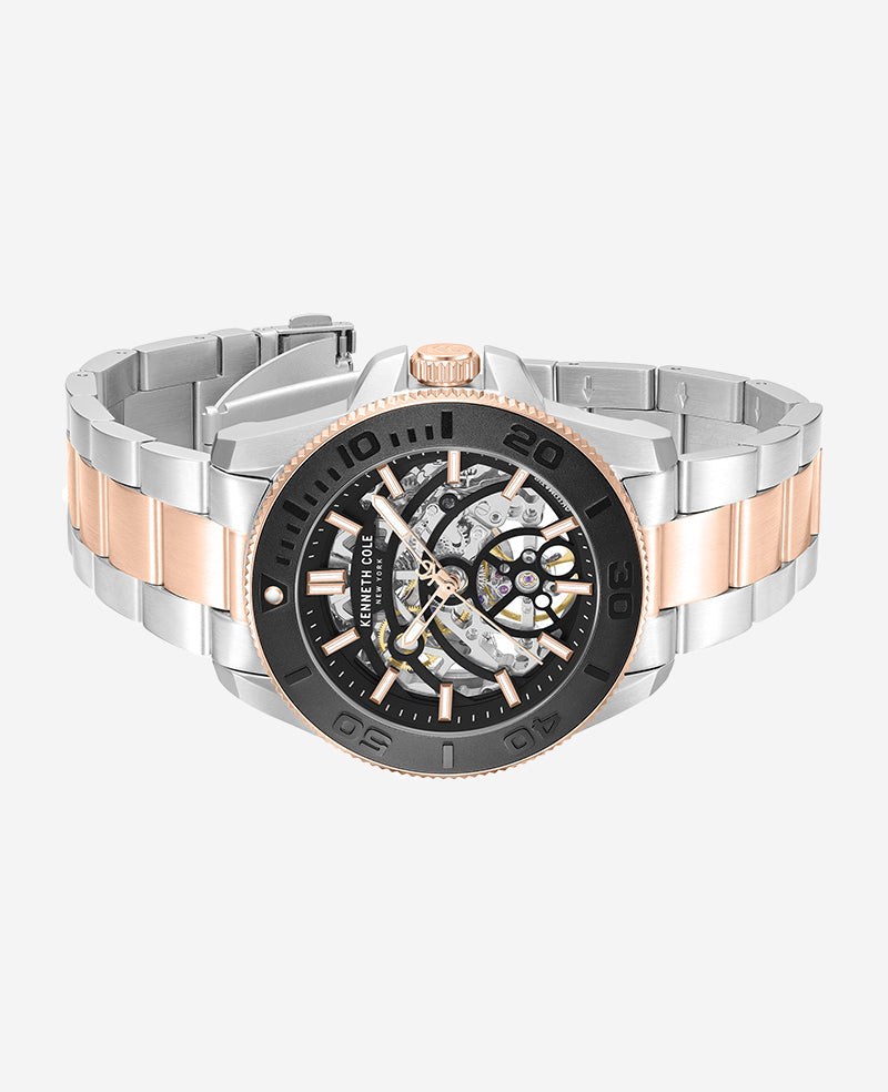 Skeleton Automatic Black Contrast Dial Two Tone Bracelet Watch