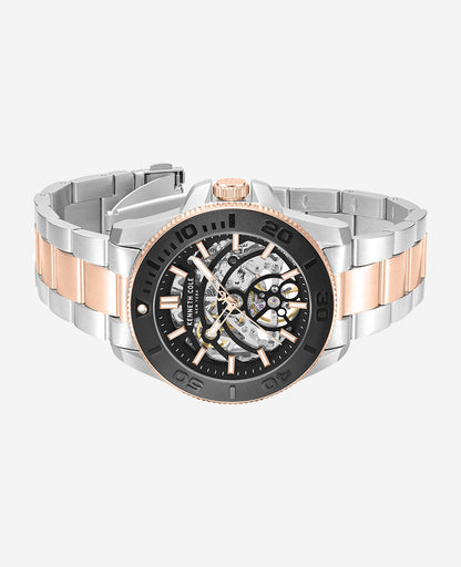 Skeleton Automatic Black Contrast Dial Two Tone Bracelet Watch